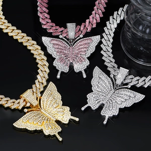 Hip Hop Alloy Rhinestone Butterfly Pendant Necklace Bold Iced Out Cuban Link Chain For Women Men Party Jewelry Accessory