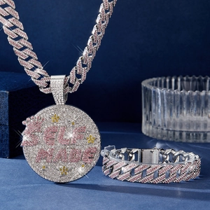 Iced Out Self Made Round Pendant Cuban Link Chain Necklace Bracelet Set Hip Hop Rhinestone Alloy Jewelry For Men Women