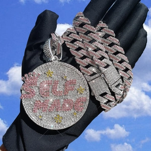 Iced out Self Made bubble letter pendant with 15mm pink white cuban chain for men