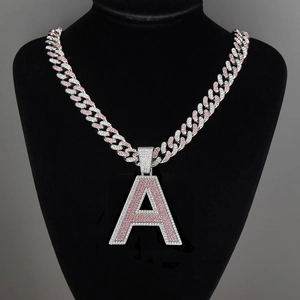 Collier Pendentif Lettre Initiale Hip Hop Iced Out pour Hommes Femmes Argent Rose Strass Chaîne Maille Gourmette Alphabet A B M N S Bijoux