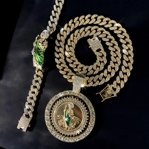 Hip Hop Gold Plated Zinc Alloy Rhinestone Saint Jude Pendant Necklace And Bracelet Set For Men Women Religious Jewelry