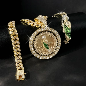 Hip-hop gold plated Saint Jude pendant necklace and bracelet set with white rhinestones