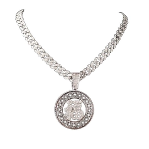 Silver Cuban link chain necklace with iced-out Fu character pendant in hip hop style