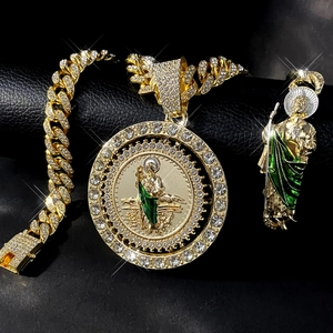 Hip hop jewelry set with gold Cuban chain and spinning St. Jude religious pendants