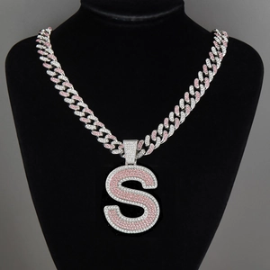 Collier Cuban argent hip-hop avec pendentif lettre S et strass roses et blancs