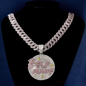 Luxury iced out Cuban link chain with round SELF MADE pendant and pink rhinestones