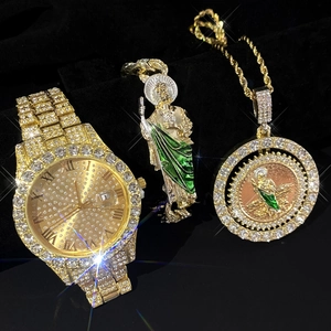 Damen Hip Hop Iced Out Gold Plattiert Strass Quarzuhr St Judas Religiös Anhänger Halskette Armband Schmuck Geschenk