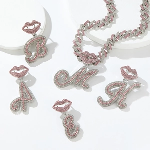 Hip hop style Cuban link chain with pink rhinestone letters and sexy lip charms