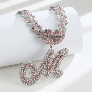 Hiphop iced out Cuban necklace with pink diamond lips and letter M pendant