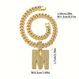Hip hop cubic zirconia letter M pendant necklace with 50cm Cuban chain dimensions