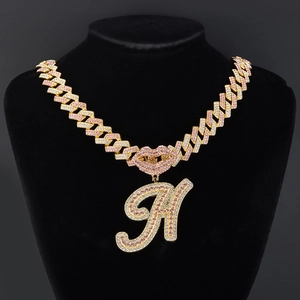 Hip hop gold Cuban chain necklace with pink diamond lips and large letter H pendant