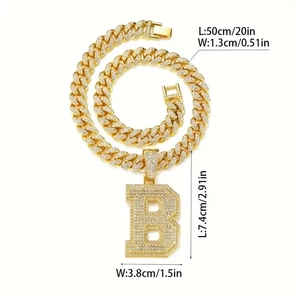 Hip hop 50cm gold Cuban chain with large iced out letter B pendant and size measurements