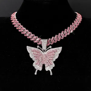 Hip-hop style silver color Cuban link chain with pink butterfly pendant and pavé rhinestones