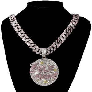 Hip hop silver Cuban chain with pink rhinestone Self Made pendant on black neck bust