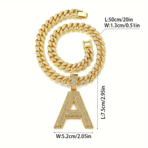 Detailed size specifications of iced-out letter A pendant with Cuban chain necklace