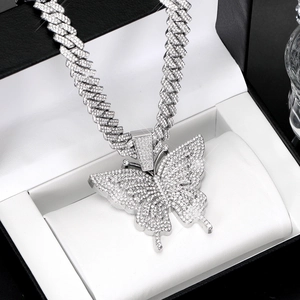 Hip hop style silver Cuban link necklace with large full diamond butterfly pendant