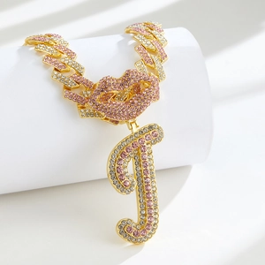 Hip hop gold Cuban chain necklace with iced out pink lips and letter J pendants
