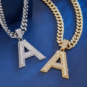 Hip Hop Iced Out Initial Letter Pendant Necklace For Men Women Alloy Rhinestone Pave Cuban Link Chain Trendy Jewelry Gift