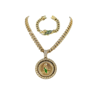 Gold hip-hop Cuban chain jewelry set featuring a Saint Jude pendant with green enamel