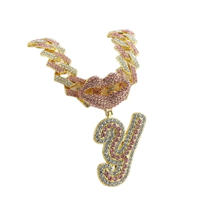 Iced out Cuban link necklace with pink crystal lips and large letter Y pendant