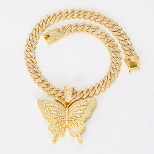 Hip hop style gold butterfly pendant necklace with iced out crystals and cuban chain