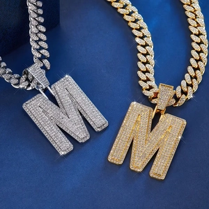 Iced out square letter M pendant necklace with sparkling cuban link chain in gold and silver