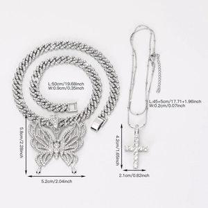 Ensemble chaîne cubaine 9mm hip hop avec grand pendentif papillon et croix sertie