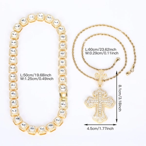 Hiphop gold cross pendant necklace set with rhinestone tennis chain and twist rope chain