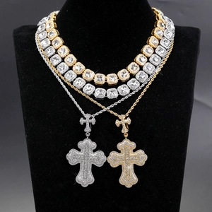 Hiphop Cross Rhinestone Pendant Necklace Set For Men Gold Silver Plated Alloy Iced Out Cuban Chain Twist Chain Jewelry Gift