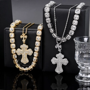 Iced out hip hop cross pendant with gold and silver tone tennis chain set for men