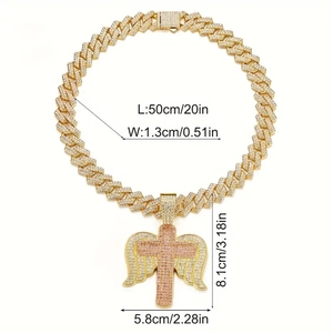 Iced out hip hop angel wing cross pendant with 1.3cm wide gold Cuban link chain