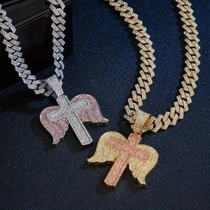 Hip-hop iced out angel wing cross pendant necklace in gold and silver finish