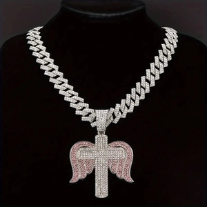 Hip Hop Cross Angel Wings Pendant Necklace For Men Women Alloy Full Rhinestone Inlaid Cuban Chain Gold Silver Jewelry Gift