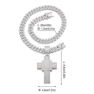 Detailed specs of hip hop iced out cross pendant on a 20 inch silver Cuban link chain
