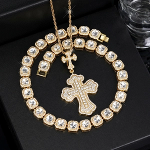 Gold-plated hip hop cross pendant set with sparkling cubic zirconia on tennis chain