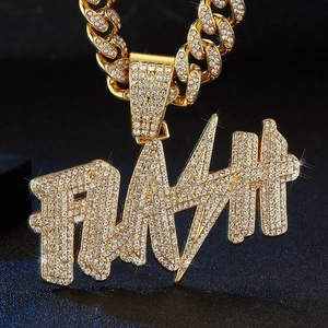 Golden iced out Cuban link chain necklace with FLASH letter pendant in hip-hop style