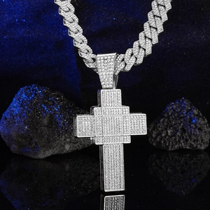 Hip hop silver cross pendant necklace with full iced out crystals and thick cuban chain