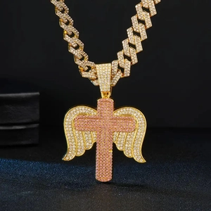 Hip hop angel wings cross pendant with pink zircons on gold plated cuban link chain