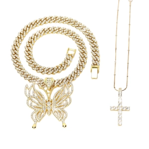 Chaîne cubaine 9mm dorée avec pendentifs papillon et croix en strass de hip-hop