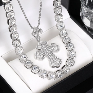 Hiphop silver iced out cross pendant and sparkling tennis chain set in a luxury box