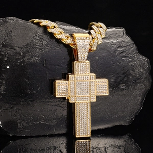 Iced out gold hip hop cross pendant necklace with sparkling zircons and Cuban chain