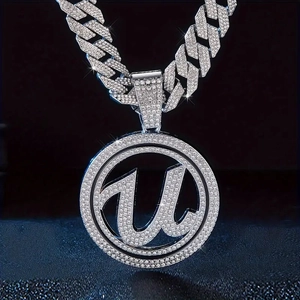 Hip hop Cuban link chain with a 3D ice-out letter U pendant in white gold finish