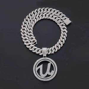 Hip hop silver Cuban link chain necklace with iced-out letter U pendant in sparkling diamonds
