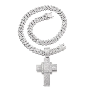 Hip hop silver Cuban link chain necklace with iced-out large cross pendant for men