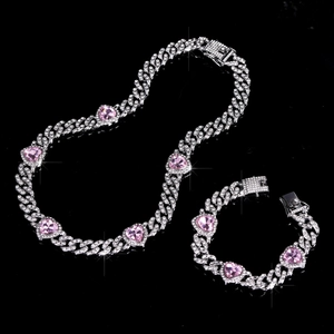 Collana E Bracciale a Maglia Cubana Hip Hop Lega Cuore Strass Rosa Pendente Gioielli Per Donna Accessori Moda Scintillanti