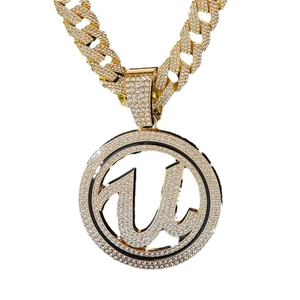 Golden iced-out letter U pendant necklace with Cuban chain for hip-hop style fashion