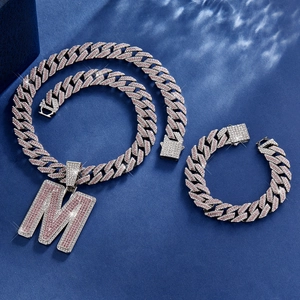 Hip hop Cuban link necklace set with iced out pink rhinestone M letter pendant