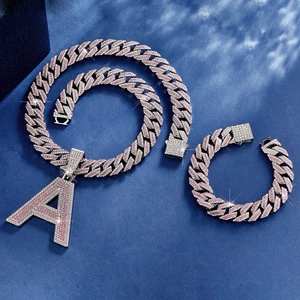 Hip Hop Cuban Link Chain Jewelry Set Alloy Rhinestone Alphabet Pendant Necklace Bracelet Silver Pink Pave Men Women Jewelry