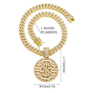 Chaîne cubaine dorée hip hop avec grand pendentif signe dollar serti pour hommes et femmes