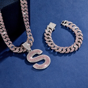 Hip hop Cuban link chain set with pink diamond S pendant and matching bracelet